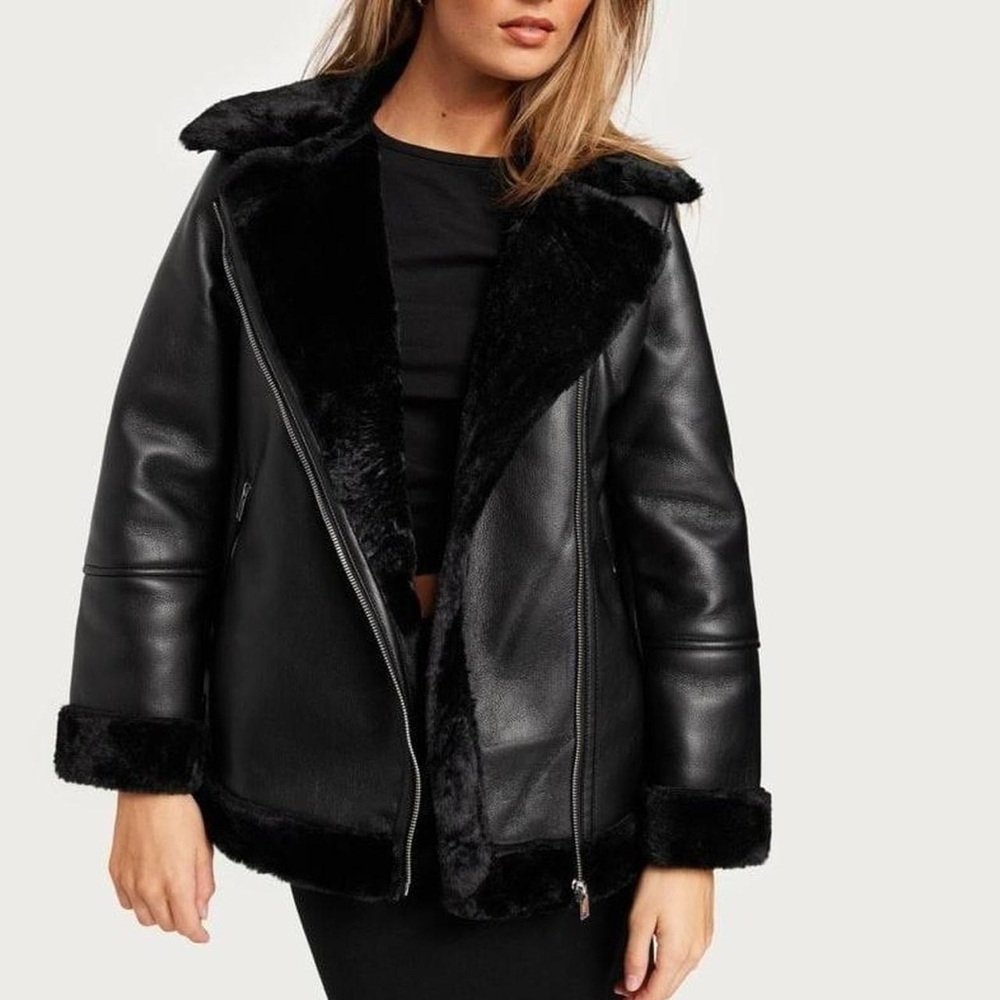 Vmemmy Vero Moda Black Vegan Leather Sherpa Sherling Jacket - Picture 3 of 9